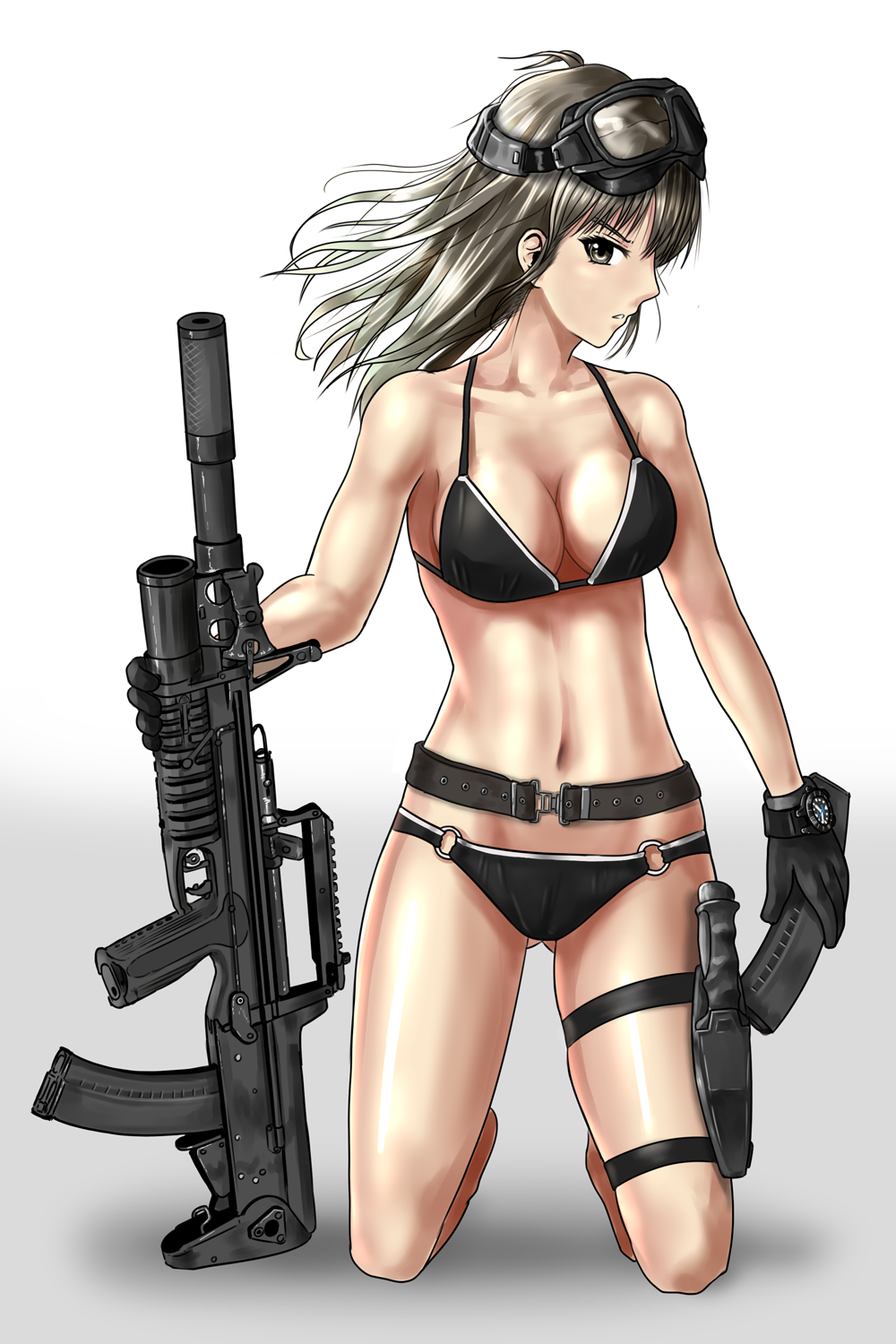 1girl ads_amphibious_rifle assault_rifle bikini black_gloves blonde_hair breasts brown_eyes bullpup caseless_firearm dual-medium_assault_rifle geococcyx gloves goggles grenade_launcher gun highres holding holster holstered kbp_instrument_design_bureau knife knife_sheath long_gun medium_breasts medium_hair military multiple-barrel_gun original rifle see-through_clothes sheath simple_background solo suppressor swimsuit tskib_soo underbarrel_grenade_launcher underwater_firearm weapon white_background