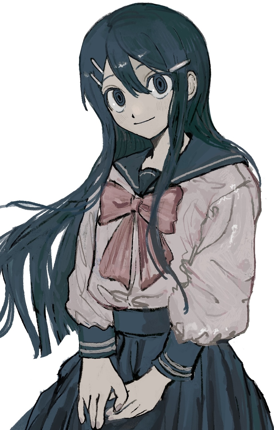 1girl black_sailor_collar black_skirt blush bow bowtie closed_mouth danganronpa:_trigger_happy_havoc danganronpa_(series) green_hair grey_shirt hair_ornament hairclip highres long_hair long_sleeves looking_at_viewer maizono_sayaka pink_bow pink_bowtie pleated_skirt puffy_long_sleeves puffy_sleeves sailor_collar sema_(vivaviva_02) shirt simple_background skirt smile solo white_background