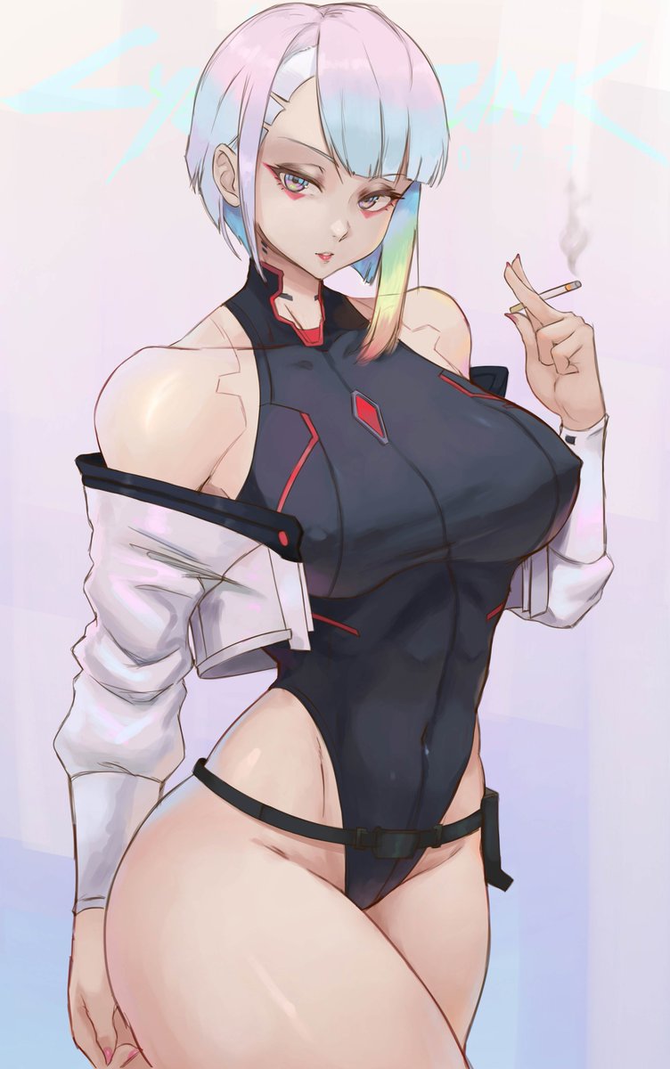 1girl alterlesott blue_eyes breasts cigarette highres holding holding_cigarette jacket large_breasts leotard looking_at_viewer lucy_(cyberpunk) multicolored_hair off_shoulder short_hair smoking streaked_hair
