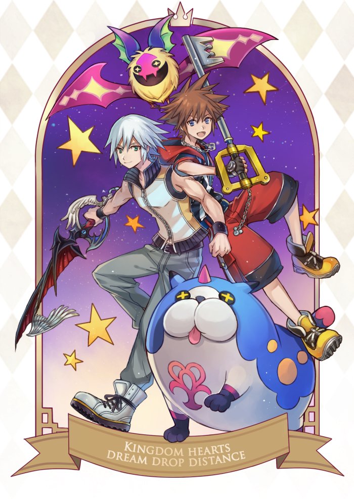 2boys blue_eyes brown_hair chirithy creature cross-shaped_pupils grey_hair grey_pants hair_between_eyes holding holding_weapon hood hood_down keyblade kingdom_hearts kingdom_hearts_3d:_dream_drop_distance male_focus multiple_boys open_mouth pants red_shorts riku_(kingdom_hearts) shirt short_hair shorts sleeveless sleeveless_turtleneck smile sora_(kingdom_hearts) spiked_hair star_(symbol) symbol-shaped_pupils turtleneck weapon white_shirt yurichi_(artist)