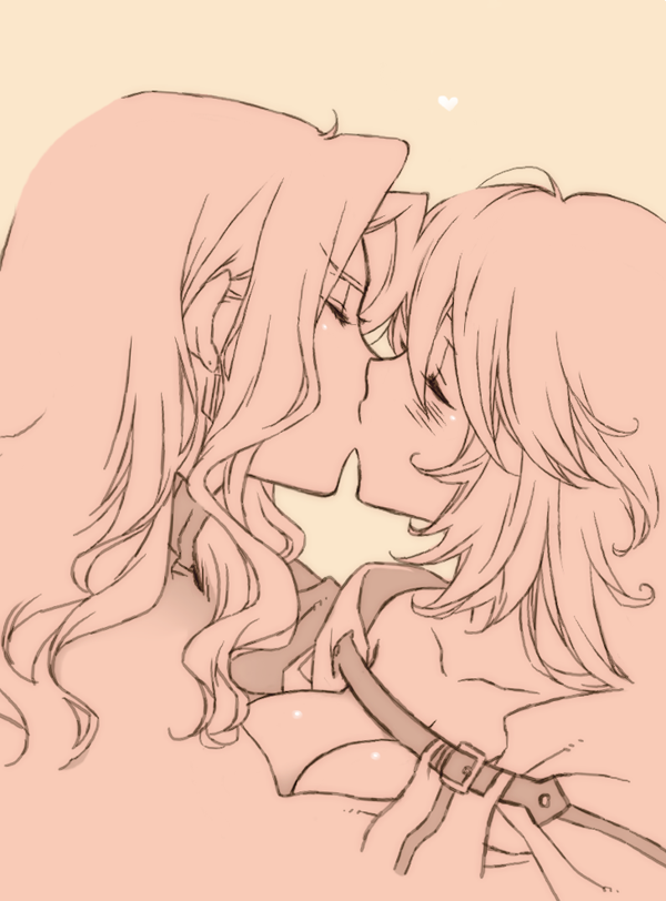 2girls artist_request belt blush breasts cleavage closed_eyes fate/apocrypha fate/grand_order fate_(series) genderswap genderswap_(mtf) kiss long_hair monochrome multiple_girls georgios_(fate) st._george_(fate/apocrypha) vlad_iii_(fate/apocrypha) yuri