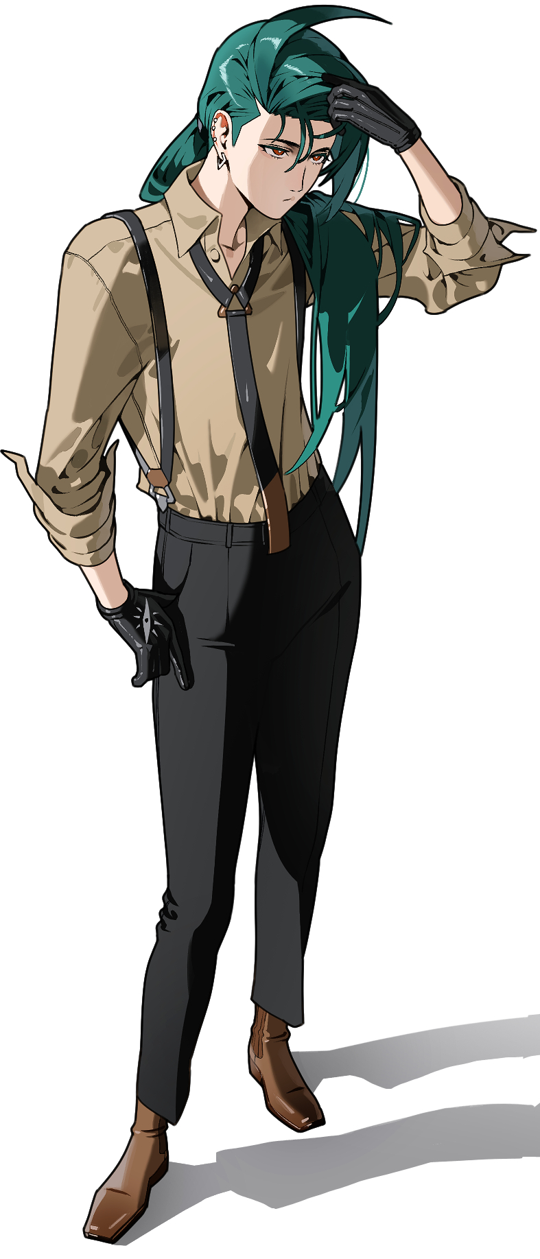 1girl 987645321o black_gloves black_necktie black_pants brown_shirt brown_shoes creatures_(company) ear_piercing earrings full_body game_freak gloves green_hair hand_on_own_head hand_on_own_hip highres jewelry long_hair low_ponytail necktie nintendo pants piercing pokemon pokemon_sv ponytail red_eyes rika_(pokemon) shirt shirt_tucked_in shoes simple_background solo standing suspenders swept_bangs triangle_earrings white_background