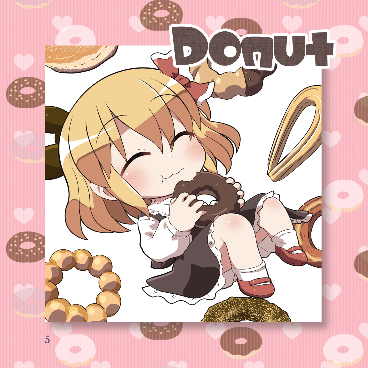 1girl :t ^_^ black_skirt black_vest blonde_hair blush border closed_eyes closed_mouth collared_shirt commentary_request donut eating food food-themed_background food_name frilled_skirt frills full_body hair_ribbon highres holding holding_donut holding_food long_sleeves page_number pink_border red_ribbon red_shoes ribbon rokugou_daisuke rumia shirt shoes short_hair skirt skirt_set smile socks solo striped_border touhou vest white_background white_shirt white_socks