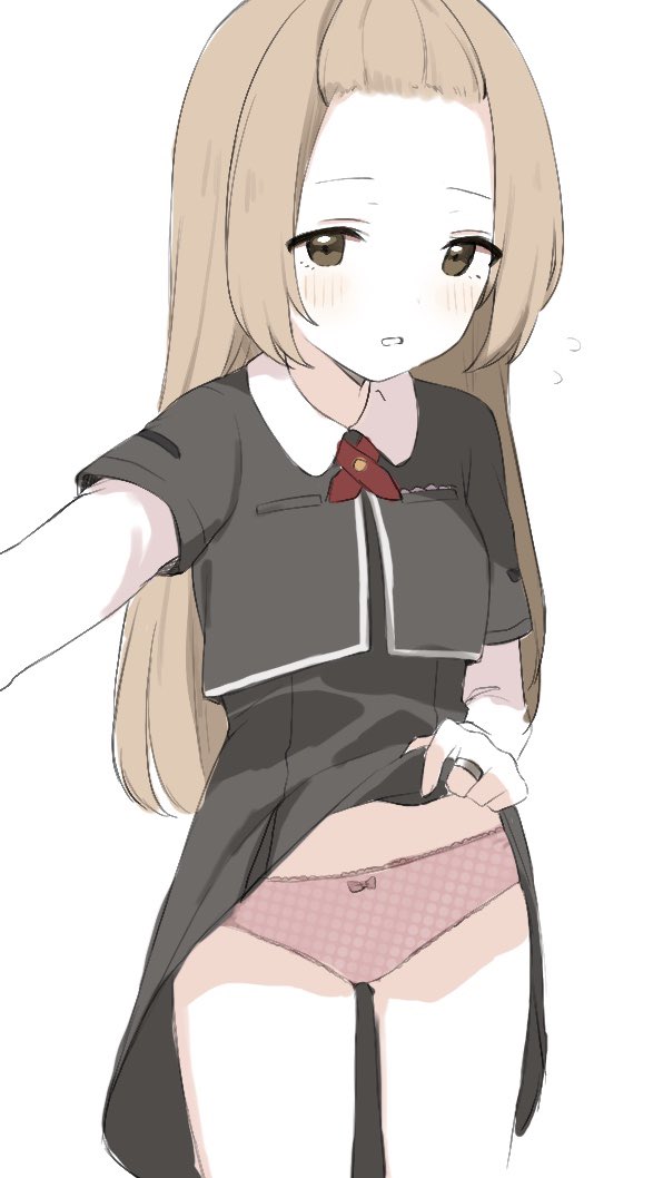 1girl azumi_hagumu bangs_pinned_back blush daito_academy_school_uniform flat_chest flying_sweatdrops fujishiro_emyu jewelry long_hair looking_at_viewer magia_record:_mahou_shoujo_madoka_magica_gaiden mahou_shoujo_madoka_magica panties pink_panties ring school_uniform underwear white_background