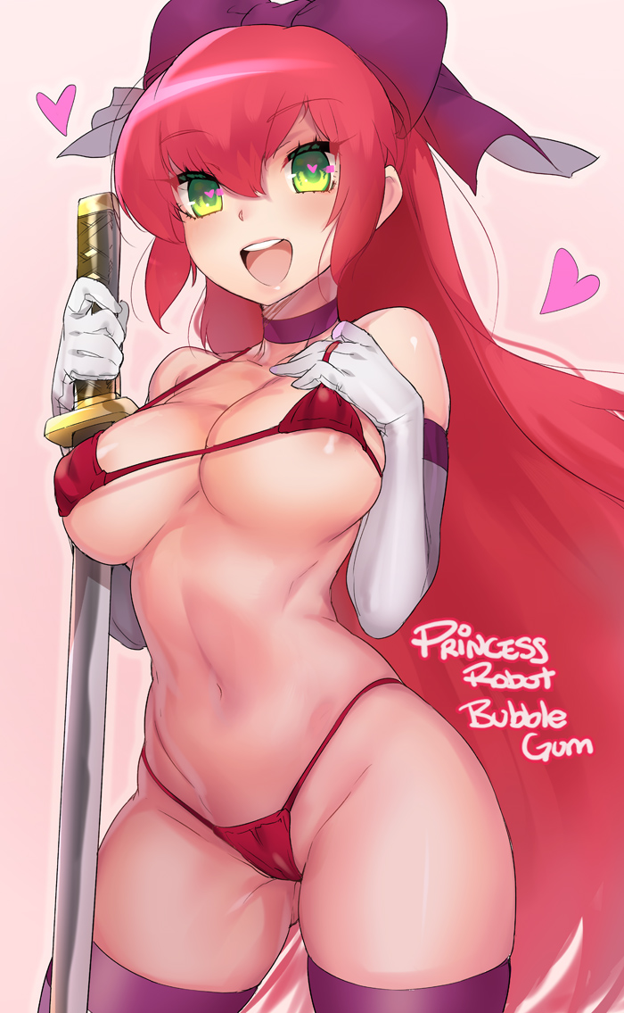 1girl :d bikini blush bow breasts cameltoe choker cleavage covered_erect_nipples elbow_gloves eyebrows female_focus gloves gluteal_fold grand_theft_auto grand_theft_auto_iv grand_theft_auto_v green_eyes hair_bow heart heart-shaped_pupils large_breasts long_hair micro_bikini naso4 navel open_mouth princess_robot_bubblegum red_bikini red_hair rockstar smile solo swimsuit symbol-shaped_pupils teeth thighhighs very_long_hair white_gloves