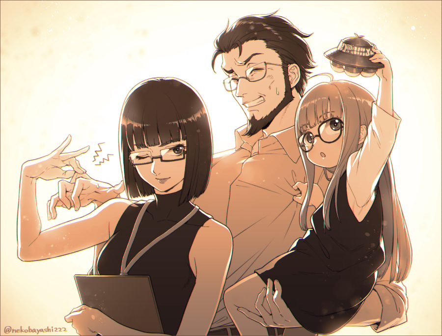 1boy 2girls aged_down ahoge bare_arms beard blunt_bangs bob_cut child clipboard closed_eyes closed_mouth collared_shirt dress dress_shirt facial_hair father_and_daughter glasses hime_cut isshiki_wakaba lipstick long_hair makeup mature_female monochrome mother_and_daughter multiple_girls necronomicon_(persona_5) nekobayashi_(nekoforest) one_eye_closed persona persona_5 pinching sakura_futaba sakura_soujirou sepia shirt short_hair sidelocks sleeveless sleeveless_shirt sleeveless_turtleneck turtleneck twitter_username ufo wing_collar