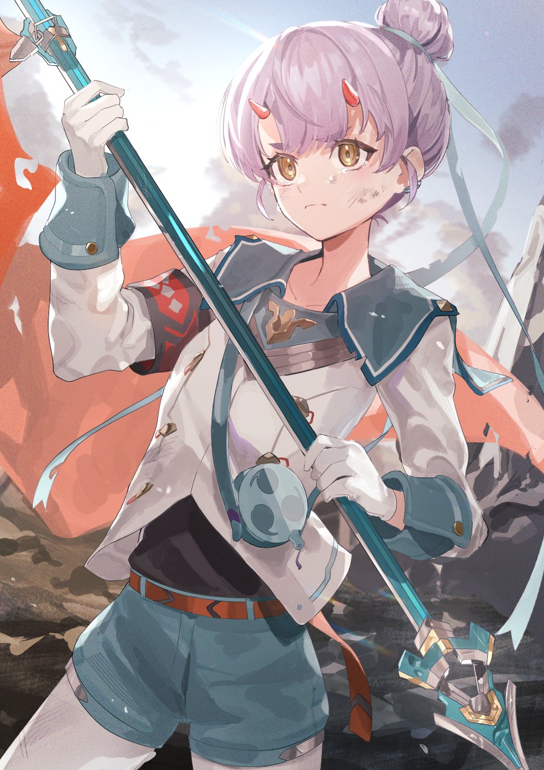 1girl armband black_shirt blue_shorts blue_sky brown_eyes closed_mouth cloud commentary_request crying crying_with_eyes_open day dirty dirty_face fiona_(xenoblade) flag gloves hair_bun highres holding holding_flag horns jacket long_sleeves mia_cbx outdoors pantyhose pantyhose_under_shorts purple_hair red_flag shirt short_eyebrows shorts sky solo tears thick_eyebrows white_gloves white_jacket white_pantyhose xenoblade_chronicles_(series) xenoblade_chronicles_3