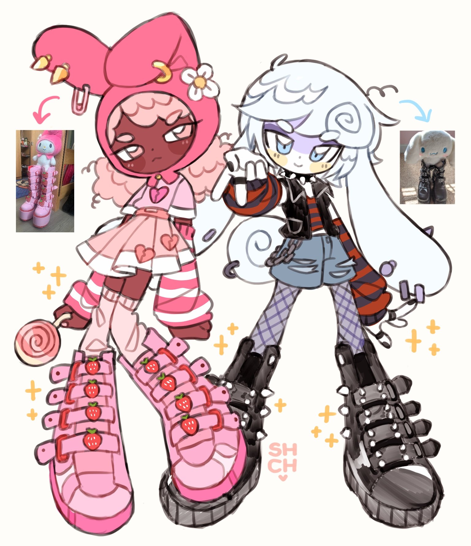 1boy 1girl :< ahoge animal_ear_piercing animal_ears animal_hood belt_chain black_arm_warmers black_collar black_footwear black_nails black_shirt black_vest blue_eyes blush boots broken_heart_print candy cinnamoroll closed_mouth collar colored_skin commentary curly_hair dark-skinned_female dark_skin emo_fashion english_commentary fishnet_pantyhose fishnets flower food food-themed_clothes hair_flower hair_ornament heart heart_print highres holding holding_candy holding_food holding_lollipop hood jewelry lollipop multiple_rings my_melody onegai_my_melody pantyhose pastel_colors photo_inset piercing pink_arm_warmers pink_boots pink_eyes pink_hair pink_shirt pink_skirt pink_socks pleated_skirt rabbit_ears rabbit_hood red_arm_warmers red_shirt reference_inset ring safety_pin safety_pin_piercing sanrio sharpycharot shirt short_sleeves skirt smile socks sparkle spiked_collar spiked_footwear spikes strawberry_ornament striped_arm_warmers striped_clothes striped_shirt swirl_lollipop tail tail_ornament tail_piercing v vest white_background white_flower white_hair white_skin