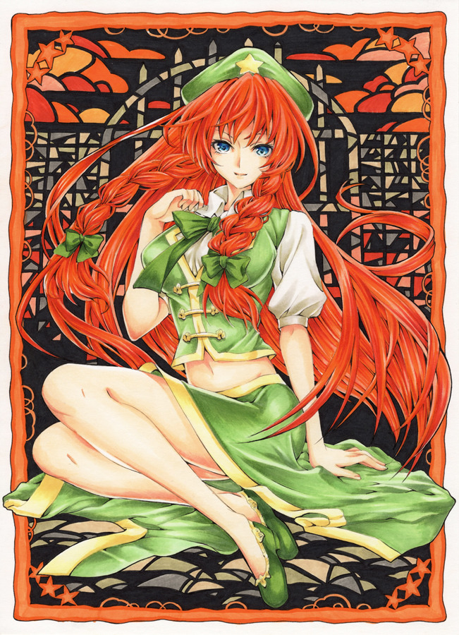 1girl bad_id bad_pixiv_id bare_legs blue_eyes border bow braid cloud female_focus gate hair_bow hat hong_meiling light_smile long_hair looking_at_viewer midriff olmatown puffy_short_sleeves puffy_sleeves red_hair short_sleeves skirt solo star_(symbol) touhou twin_braids very_long_hair vest