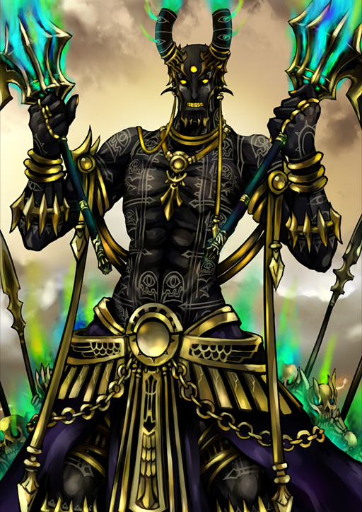 1boy arms_up bald black_skin blue_fire bracelet brown_background cape clenched_hands clenched_teeth colored_skin darius_iii_(fate) earrings facial_tattoo fate/grand_order fate_(series) feet_out_of_frame fire full-body_tattoo gold_bracelet gold_earrings gold_ring green_fire headpiece holding holding_torch jewelry lightning looking_at_viewer male_focus multiple_bracelets multiple_rings muscular muscular_male no_eyebrows official_art pfalz polearm purple_cape revision ring solid_eyes solo standing tattoo teeth third-party_source third_eye topless_male torch waist_cape weapon yellow_eyes yellow_teeth