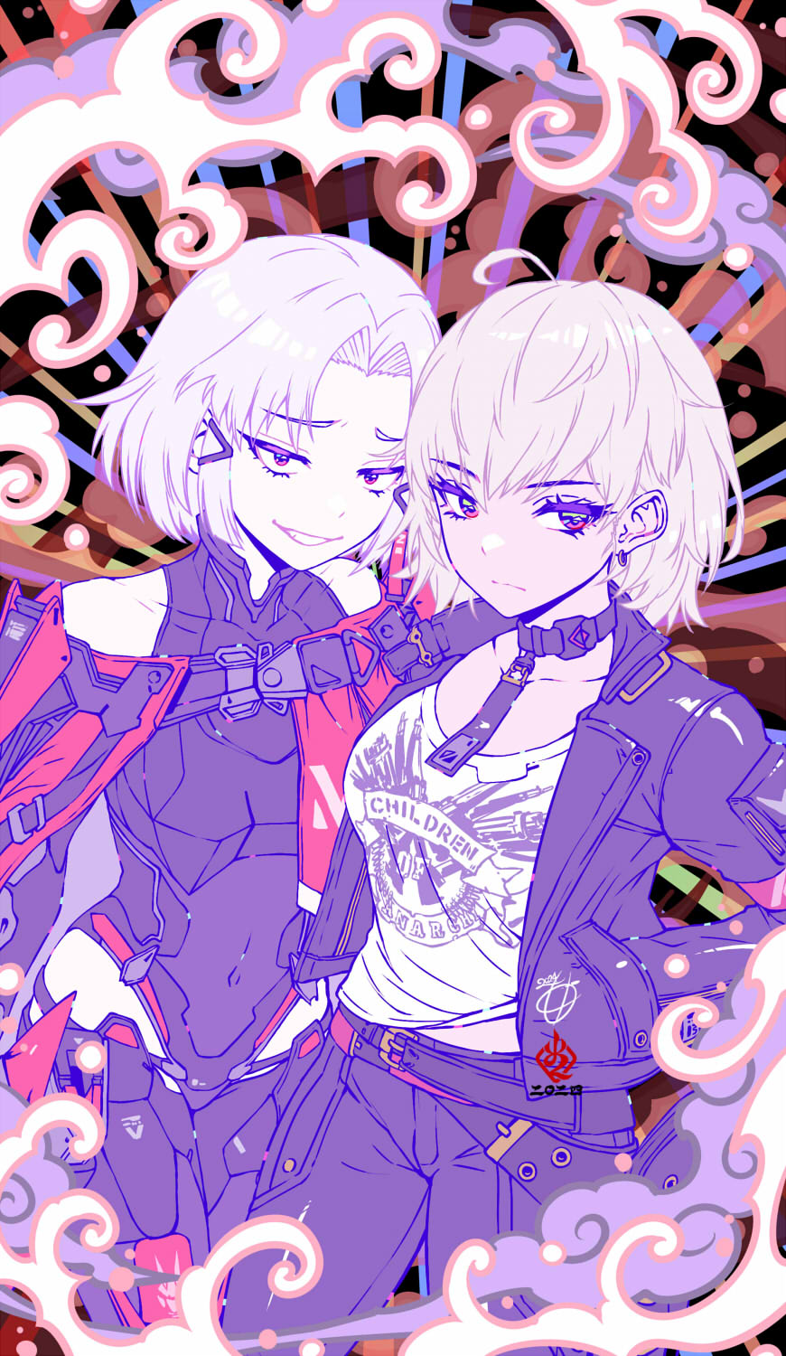 2girls ahoge armored_leotard artist_logo artist_name bare_shoulders belt black_belt black_jacket black_leotard black_pants closed_mouth clothes_writing commentary_request cowboy_shot curtained_hair drake_(nikke) earrings expressionless frown goddess_of_victory:_nikke grin hair_ornament hairclip hand_in_pocket highres jacket jewelry kanchiyo leotard limited_palette logo looking_at_viewer multiple_belts multiple_girls pants parted_bangs print_shirt red_eyes sanpaku shirt short_hair sidelocks smile smirk sugar_(nikke) white_hair