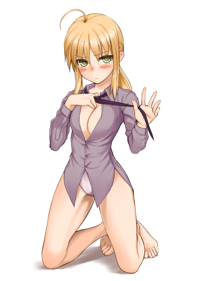 1girl :&lt; ahoge artoria_pendragon_(fate) bad_id bad_pixiv_id barefoot blonde_hair blush breasts cleavage dress_shirt fate/zero fate_(series) female_focus frown green_eyes kneeling large_breasts long_sleeves nearly_naked_shirt necktie nogi_yasuhito saber_(fate) shirt simple_background solo undressing