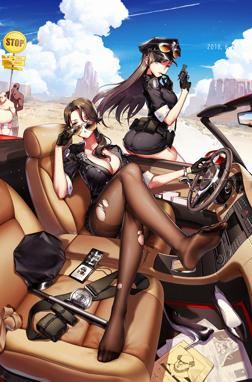 2boys 2girls adjusting_eyewear alternate_costume arizona_(azur_lane) artist_request ass aviator_sunglasses azur_lane badge baton belt black_gloves black_legwear blue_skirt bound breasts car car_interior cleavage cloud contrail cuffs dated feet garter_straps gloves gun handcuffs handgun hat high_heels highres large_breasts long_hair luode_huayuan motor_vehicle multiple_boys multiple_girls pantyhose pennsylvania_(azur_lane) police police_hat police_uniform policewoman revolver shoes signpost skirt soles source_request sunglasses thighband_pantyhose thighhighs tied_up_(nonsexual) toes torn_clothes torn_legwear unworn_footwear unworn_hat unworn_headwear unworn_shoes weapon white_legwear