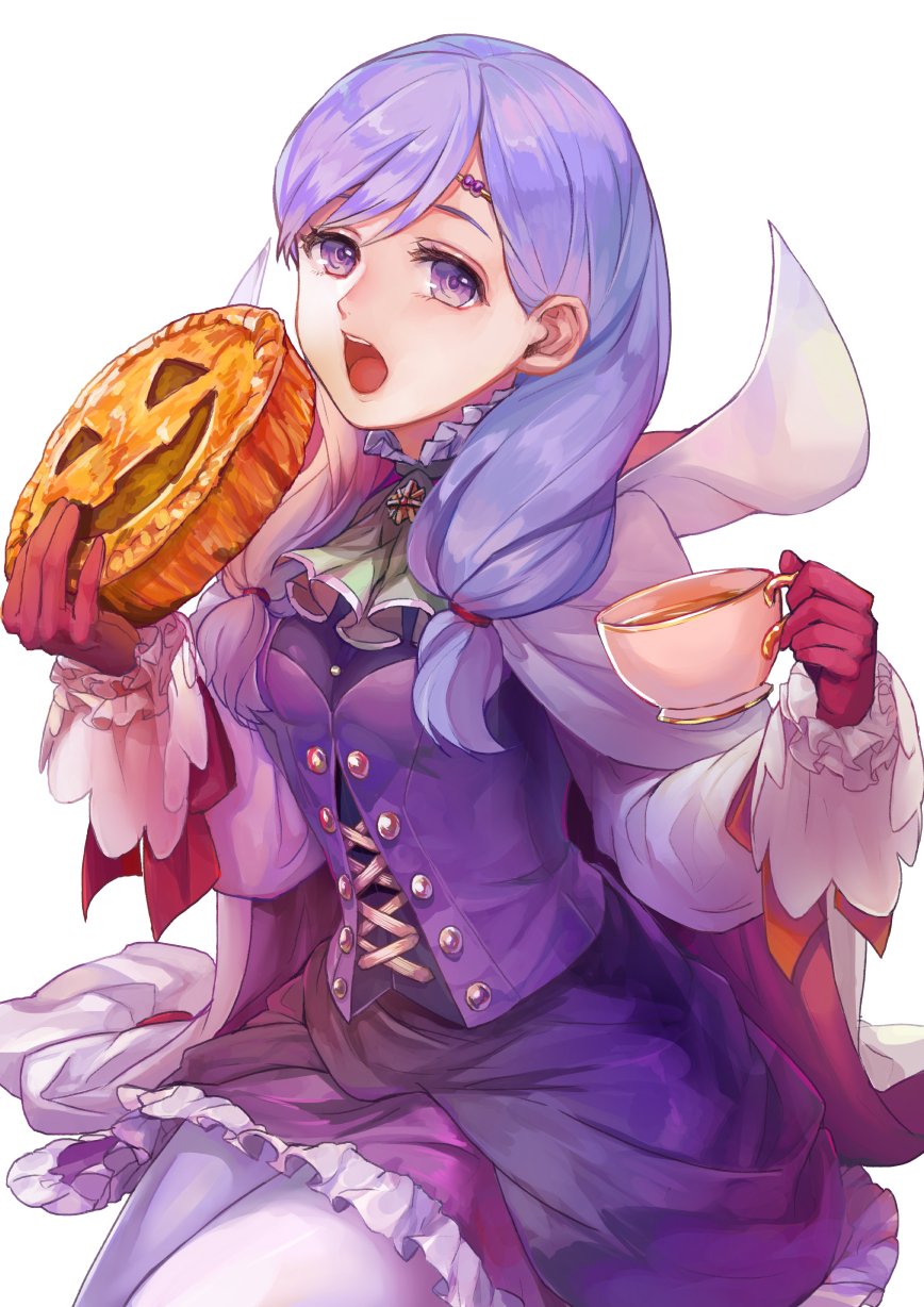 breasts buttons cake cape circlet cup dress eating fire_emblem fire_emblem:_path_of_radiance fire_emblem_heroes food gloves halloween_costume highres ilyana_(fire_emblem) ilyana_(halloween)_(fire_emblem) jack-o&#039;-lantern kokouno_oyazi long_hair long_sleeves looking_at_viewer nintendo open_mouth pantyhose pumpkin purple_eyes purple_hair red_gloves simple_background tea teacup teeth white_background white_pantyhose