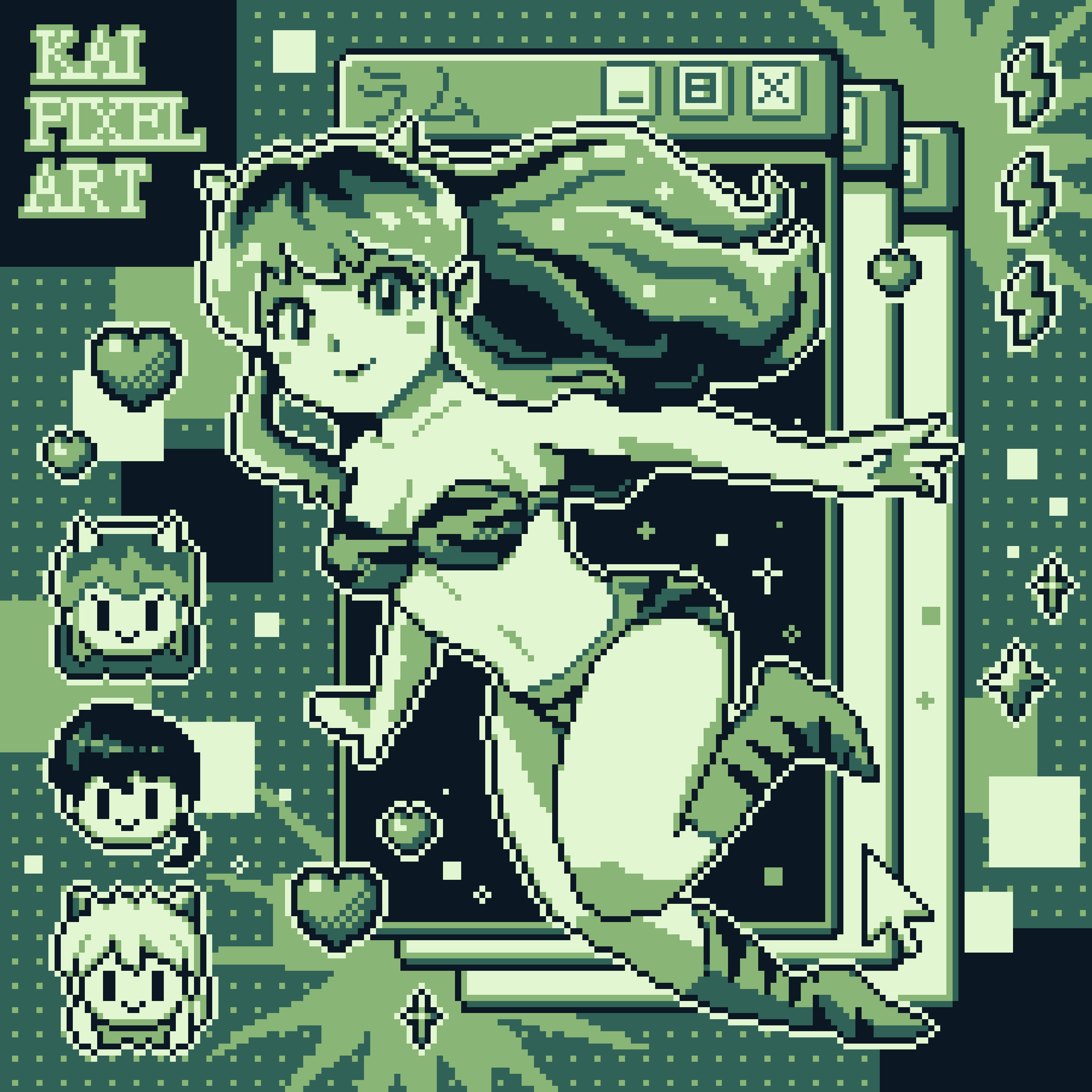 absurdres animal_print blush cursor floating heart highres horns inuyasha inuyasha_(character) kaipixelart long_hair looking_at_viewer lum pixel_art ranma_1/2 retro_artstyle saotome_ranma signature sparkle tiger_print urusei_yatsura window_(computing)
