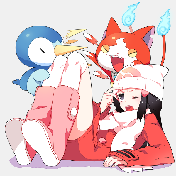 00s 10s 1girl beanie black_eyes black_hair boots cat coat dawn_(pokemon) fighting gen_4_pokemon grey_background gum_(gmng) haramaki hat jibanyan long_hair lying multiple_tails nintendo notched_ear on_back pink_boots piplup pokemon pokemon_(creature) pokemon_dppt scarf tail thighhighs traditional_youkai transparent_background two_tails white_scarf winter_clothes winter_coat youkai_watch