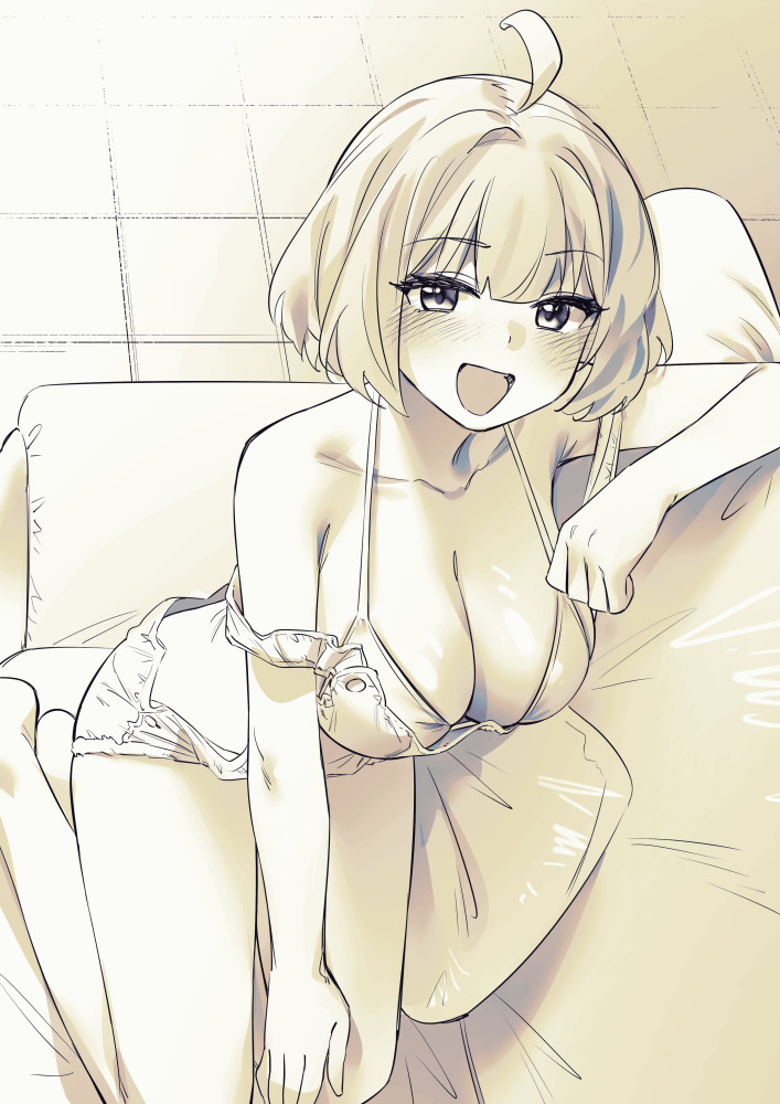 1girl ahoge bikini bikini_under_clothes blush breasts cleavage couch cushion denim from_above greyscale griffon_(last_origin) ichihyaku_nanajuu large_breasts last_origin looking_at_viewer monochrome off_shoulder open_mouth short_hair short_shorts shorts sitting solo suspender_shorts suspenders swimsuit