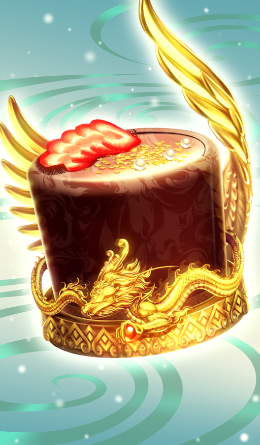 chocolate commentary crown dragon eastern_dragon fate/grand_order fate_(series) food food_art food_focus fruit gold green_background hayosena light_particles no_humans official_art still_life strawberry strawberry_slice third-party_source