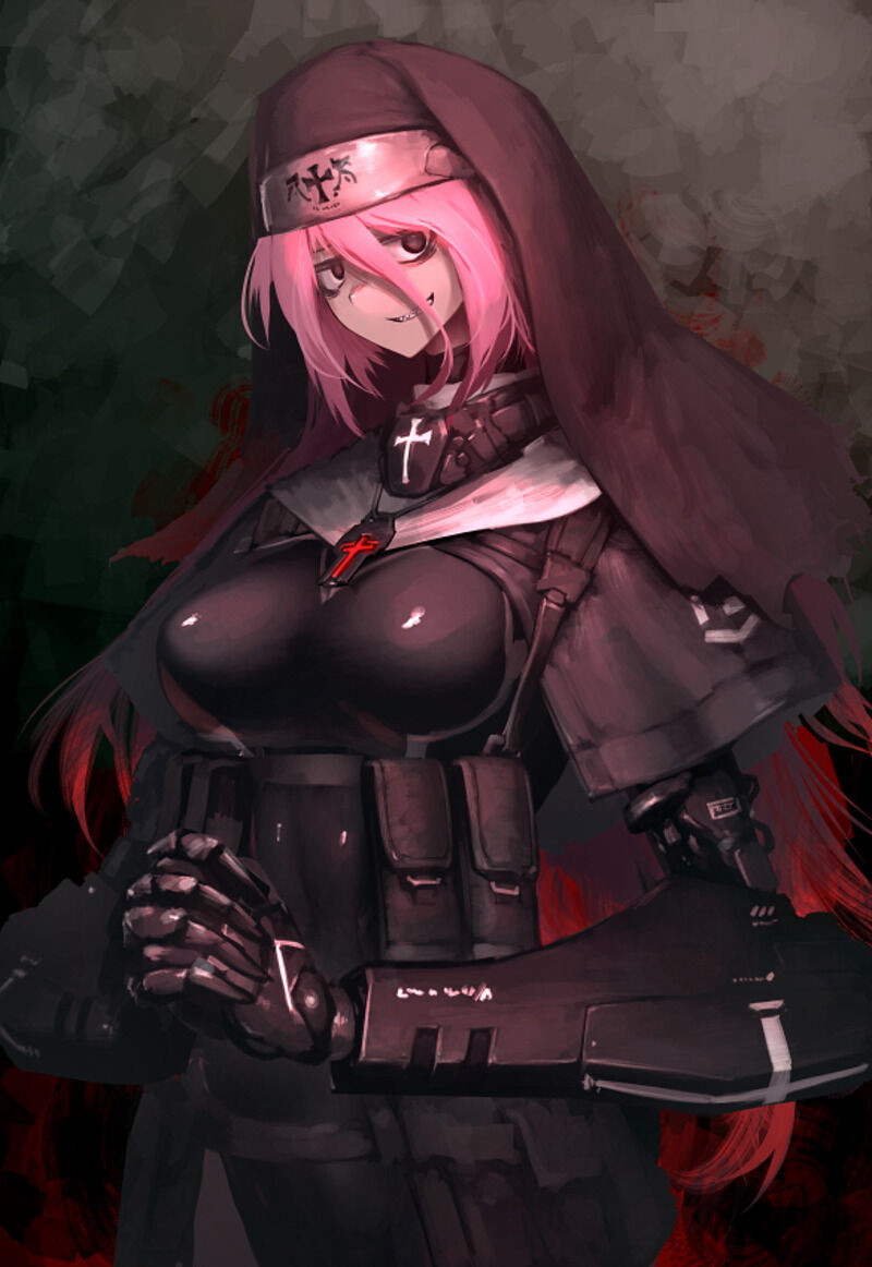 1girl belt black_capelet black_leotard breasts capelet cowboy_shot cross habit hair_between_eyes hetza_(hellshock) large_breasts latin_cross leotard leotard_under_clothes load_bearing_vest long_hair looking_at_viewer mechanical_arms original own_hands_clasped own_hands_together pink_hair red_eyes sharp_teeth smile solo teeth tight_clothes very_long_hair