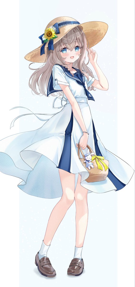 1girl bag blonde_hair blue_eyes blue_sailor_collar blush bow breasts commentary_request dress flower hair_between_eyes hat hat_flower highres holding holding_bag long_hair looking_at_viewer omo_omochi_zzz open_mouth original sailor_collar shoes short_sleeves smile socks solo straw_hat sun_hat sunflower white_dress white_socks