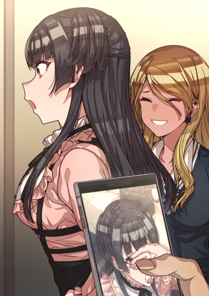 1boy 2girls ^_^ after_ejaculation after_fellatio black_hair black_skirt breasts brown_hair cellphone cellphone_photo closed_eyes commentary_request covering_face cum cum_in_mouth cum_on_body cum_on_penis earrings erere holding holding_phone idolmaster idolmaster_shiny_colors izumi_mei jewelry long_hair looking_ahead mayuzumi_fuyuko medium_breasts multiple_girls phone photo_comparison pink_shirt pov pov_hands profile school_uniform shirt skirt smile very_long_hair