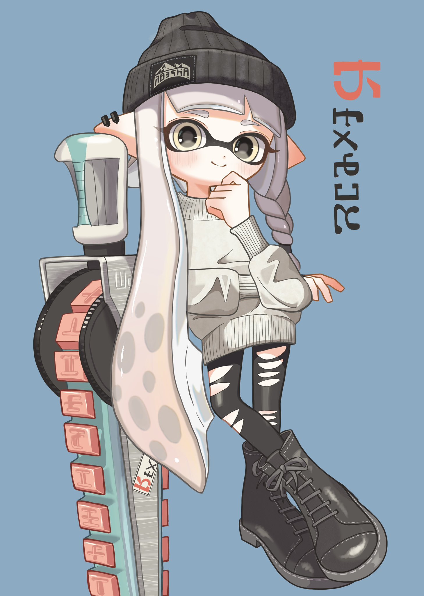 1girl beanie black_boots black_hat black_pants blue_background boots braid closed_mouth commentary full_body grey_hair hat highres inkling inkling_girl inkling_player_character lace-up_boots long_hair looking_at_viewer nintendo osakanagumi11 pants pointy_ears simple_background single_braid smile solo splatana_stamper_(splatoon) splatoon_(series) splatoon_3 standing sticker sweater symbol-only_commentary tentacle_hair torn_clothes torn_pants very_long_hair white_sweater yellow_eyes