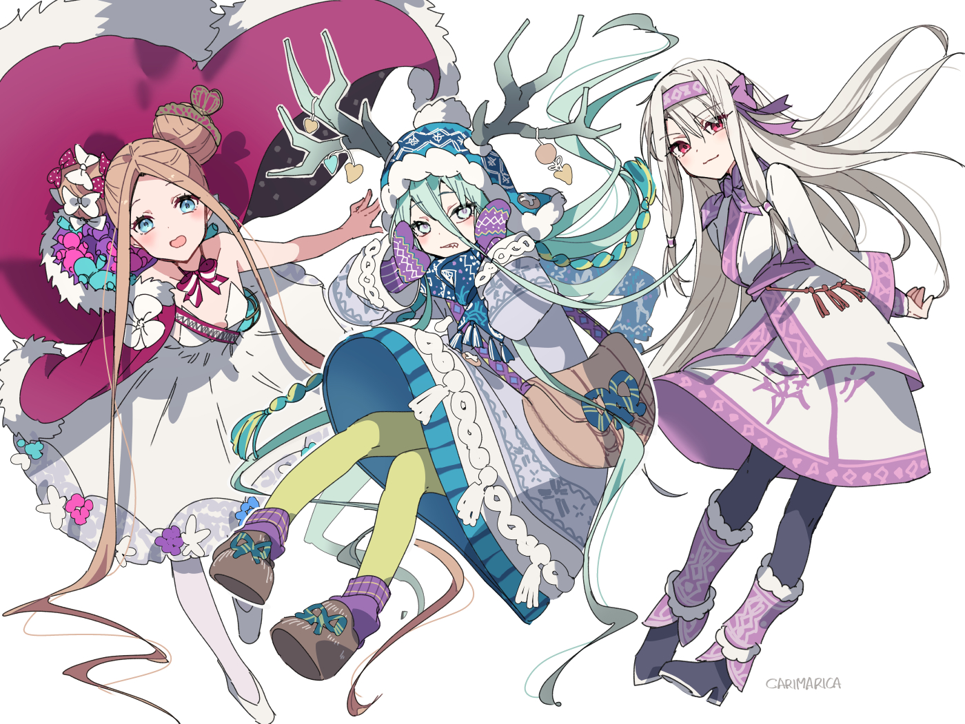 3girls abigail_williams_(fate) abigail_williams_(santa)_(fate) ainu_clothes antlers bare_shoulders beanie black_pantyhose blonde_hair blue_eyes blue_hat blue_scarf blush boots bow breasts carimarica cloak double_bun dress fate/grand_order fate_(series) forehead fur-trimmed_cloak fur_trim gloves hair_between_eyes hair_bow hair_bun hairband hat horns long_hair long_sleeves looking_at_viewer louhi_(fate) louhi_(second_ascension)_(fate) mittens multiple_girls pantyhose parted_bangs purple_gloves purple_hairband purple_mittens purple_scarf red_bow red_cloak red_eyes sash scarf shirt sidelocks sitonai_(fate) skirt small_breasts stuffed_animal stuffed_toy sweater teddy_bear tiara very_long_hair white_bow white_dress white_eyes white_hair white_pantyhose white_shirt white_skirt white_sweater yellow_pantyhose