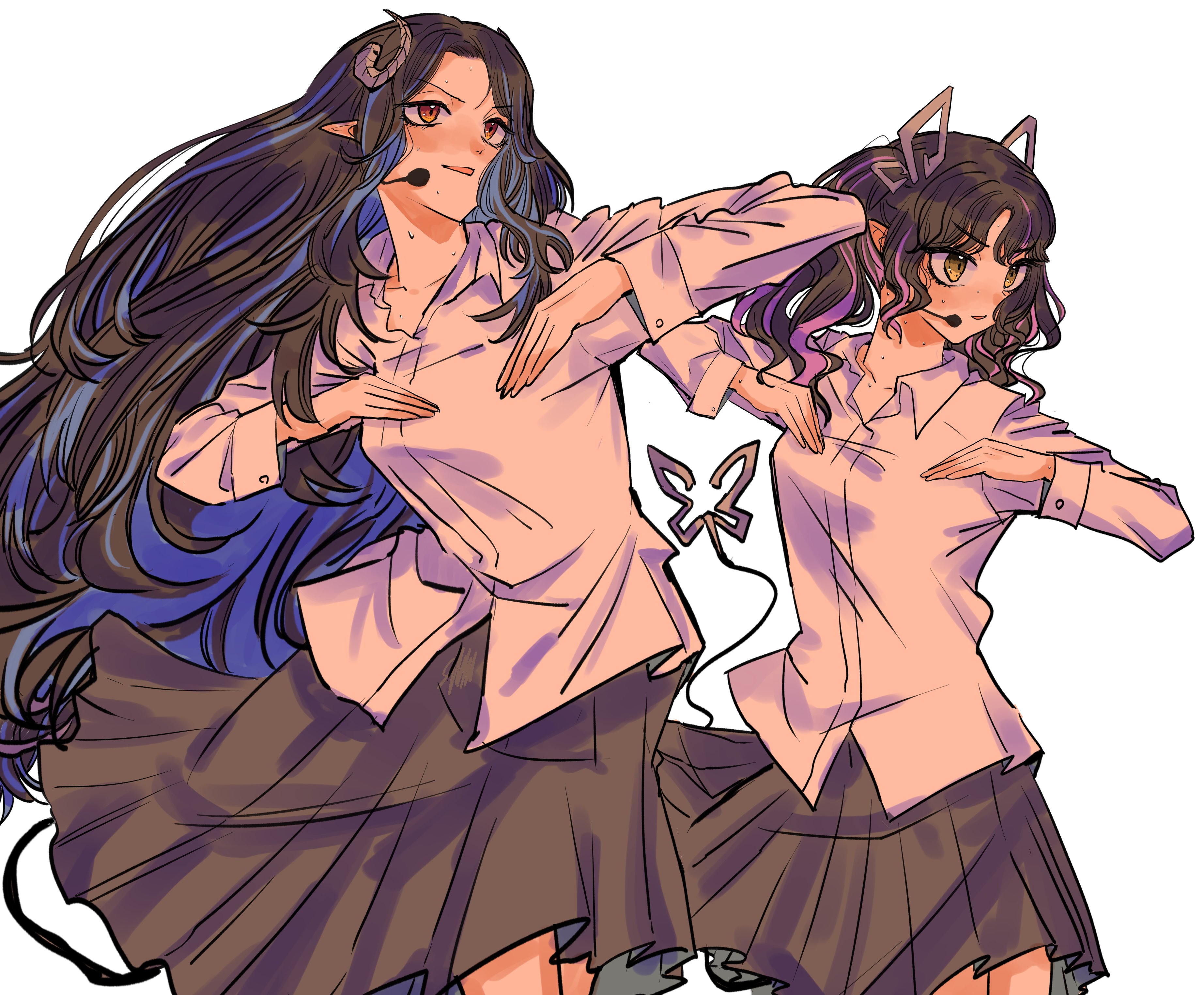 2girls absurdres alternate_costume amaotome black_hair blue_hair breasts brown_eyes collared_shirt commentary_request cowboy_shot curled_horns dancing demon_girl demon_horns demon_tail grey_horns grey_skirt headset hebiyoi_tier highres horns kojo_anna long_hair long_sleeves looking_afar medium_breasts multicolored_hair multiple_girls nanashi_inc. open_mouth pleated_skirt pointy_ears purple_hair shirt simple_background skirt smile standing sweat tail twintails two-tone_hair virtual_youtuber white_background white_shirt yellow_eyes