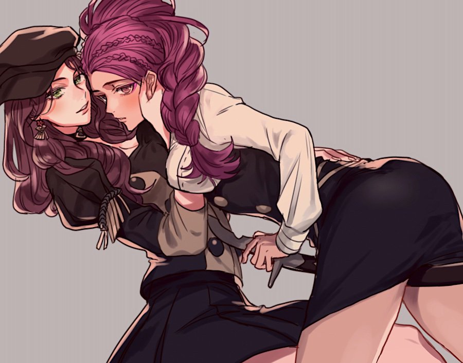 2girls 5_(femfamme) black_headwear braid braided_ponytail brown_hair dorothea_arnault earrings fire_emblem fire_emblem:_three_houses green_eyes grey_background hat jewelry long_hair long_sleeves multiple_girls nintendo parted_lips petra_macneary ponytail purple_hair scabbard sheath sheathed simple_background sword weapon yuri