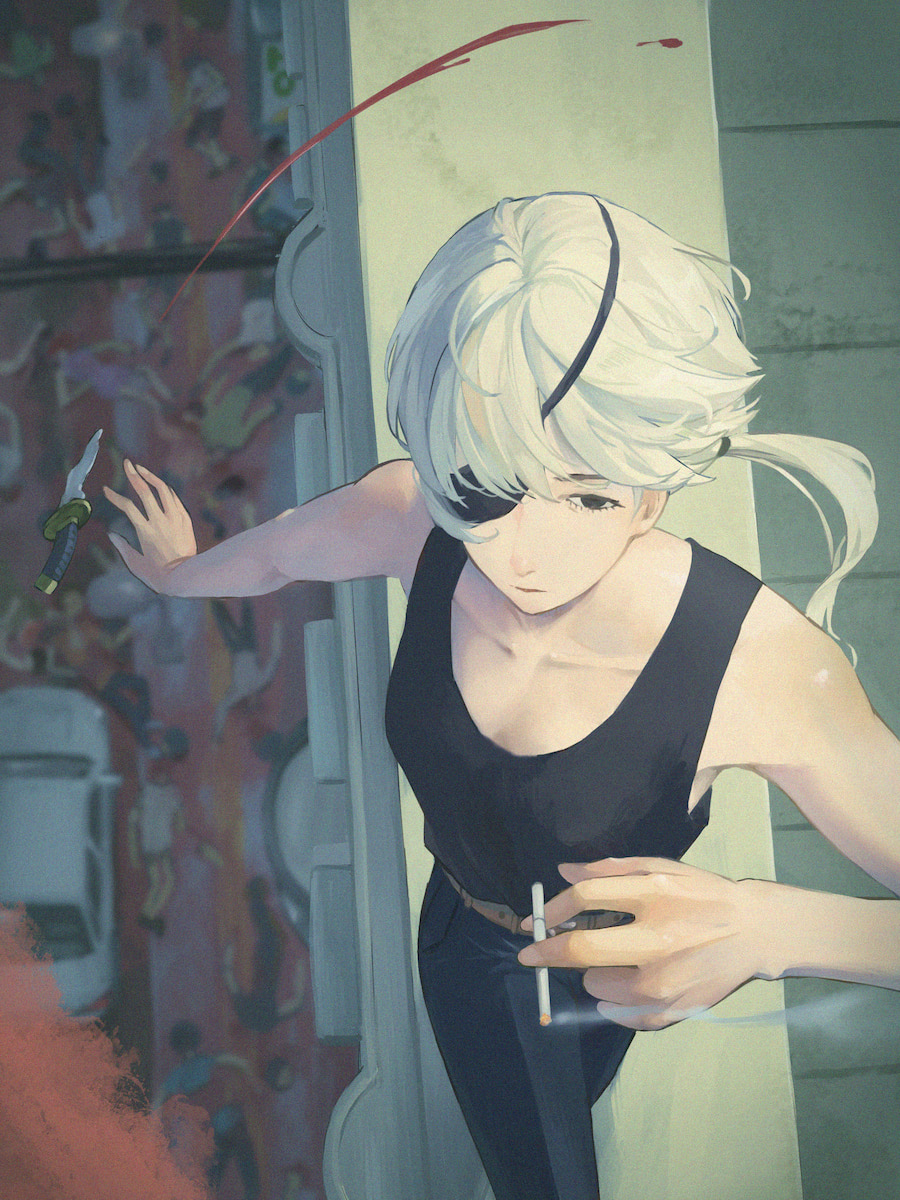 1girl black_eyes black_pants black_tank_top blood broken broken_sword broken_weapon chainsaw_man cigarette commentary death eyepatch highres holding holding_cigarette long_hair motor_vehicle outdoors pants ponytail quanxi_(chainsaw_man) smoke solo sword tank_top user_puhn7342 weapon white_hair