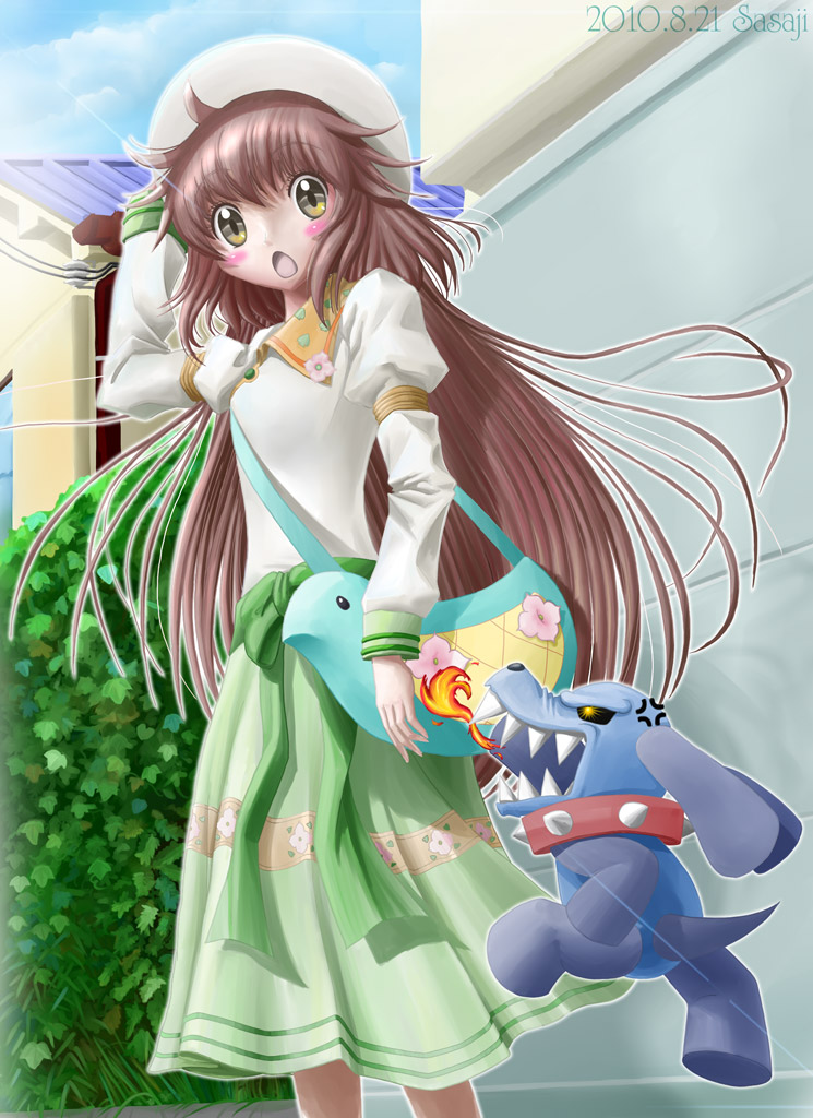 00s 1girl anger_vein angry bag blush_stickers brown_eyes brown_hair dated dog female_focus hanato_kobato hat ioryogi kobato. long_hair sasaji sasaji_(artist) solo stuffed_toy