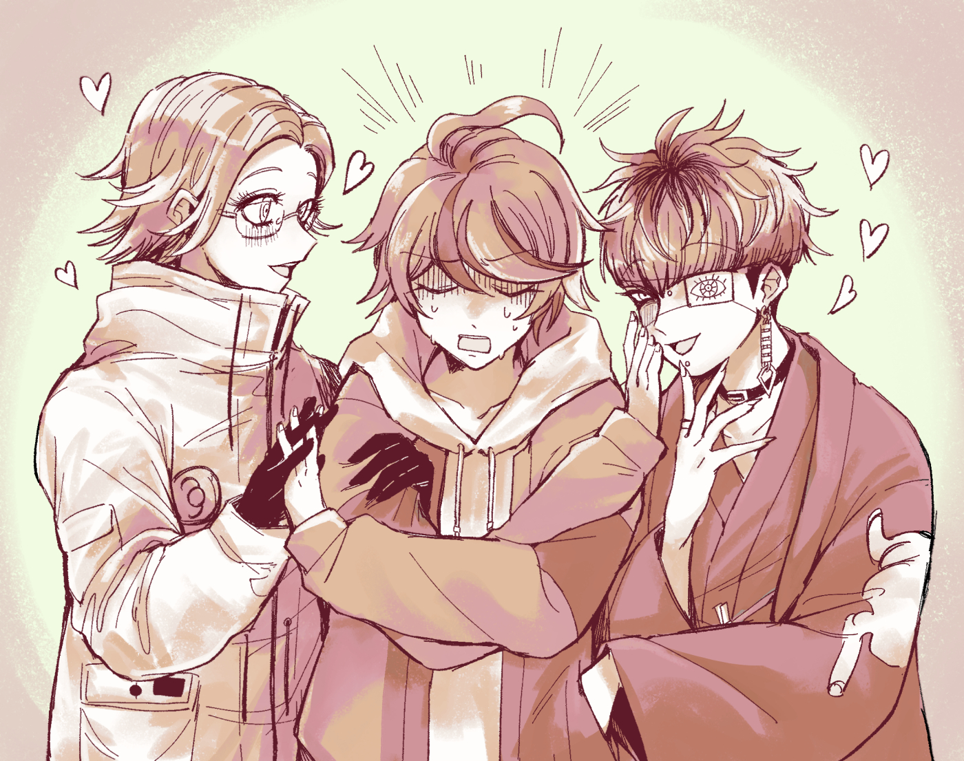 3boys ahoge aotsuki_eito black_gloves bridge_piercing closed_eyes ear_piercing earrings eyepatch face_piercing fingernails glasses gloves hair_between_eyes heart holding_hands japanese_clothes jewelry limited_palette lip_piercing looking_at_another looking_at_viewer male_focus messy_hair multiple_boys omokage_yugamu one_eye_covered open_mouth piercing simple_background sumino_takumi the_hundred_line_-last_defense_academy- yaoi yellow_background