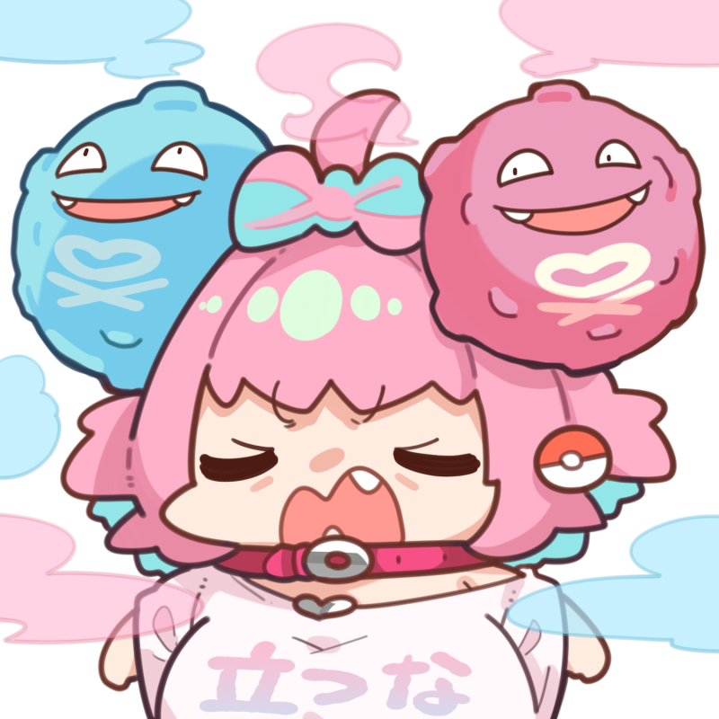 1girl ahoge aqua_hair belt_collar bob_cut bow-shaped_hair breasts character_hair_ornament chibi choker closed_eyes collar colored_inner_hair fang gen_1_pokemon hair_ornament heart_collar idolmaster idolmaster_cinderella_girls idolmaster_cinderella_girls_starlight_stage iono_(pokemon) koffing large_breasts multicolored_hair nintendo open_mouth oversized_clothes oversized_shirt pink_choker pink_hair pink_shirt poke_ball poke_ball_(basic) poke_ball_earrings pokemon pokemon_sv shirt simple_background smoke takato_kurosuke two-tone_hair v-shaped_eyebrows white_background yumemi_riamu