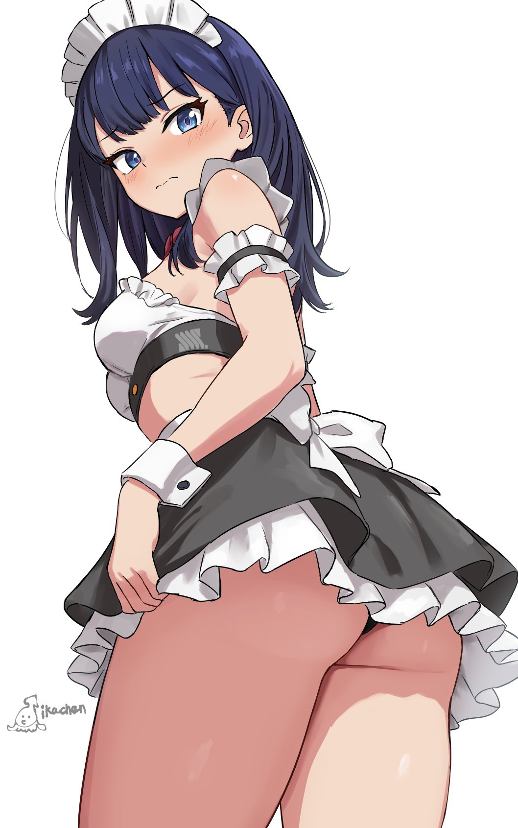 1girl alternate_costume arm_strap ass black_hair black_panties black_skirt blue_eyes blush bow breasts closed_mouth crop_top enmaided frills gridman_universe highres ikachan_(norach57) long_hair looking_at_viewer maid maid_headdress midriff miniskirt panties pantyshot simple_background skirt small_breasts solo ssss.gridman takarada_rikka underwear v-shaped_eyebrows waist_bow white_background