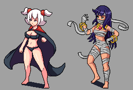 2girls bandaged_ankle bandaged_arm bandaged_breasts bandaged_chest bandaged_face bandaged_fingers bandaged_hand bandaged_head bandaged_leg bandaged_neck bandaged_stomach bandaged_thigh bandaged_upper_body bandaged_wrist bandaged_wrists bandages bangle barefoot black_bra black_cape black_panties blood blood_on_face blue_eyes blue_hair bra bracelet cape enemies gold_bracelet grey_background jewelry lewdest_labyrinth long_hair looking_to_the_side lowres mminit monster_girl multiple_girls mummy necklace panties pixel_art poses shadow short_hair simple_background twintails underwear vampire white_hair