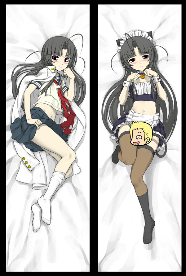 1girl ahoge bell black_hair blush censored choker clothes_lift dakimakura_(medium) feet flat_chest lab_coat legs long_hair lying maid midriff miniskirt multiple_views navel nitroplus novelty_censor oki_kiki pink_eyes pleated_skirt school_uniform serafuku skirt skirt_lift smile socks sumaga thighhighs tsuji_santa