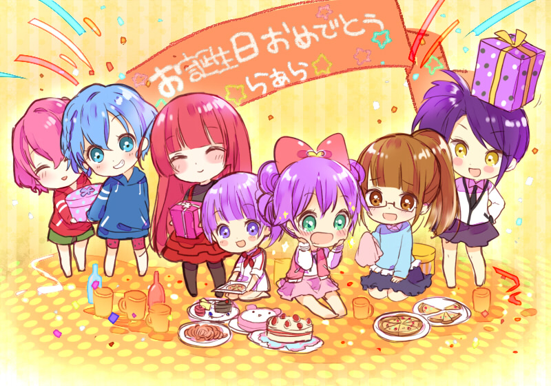 1boy 6+girls blue_eyes blue_hair brown_eyes brown_hair cake closed_eyes dorothy_west food gift green_eyes happy_birthday hojo_sophy manaka_laala manaka_non manaka_non_(normal) minami_mirei multiple_girls pink_hair pizza pretty_series pripara purple_eyes purple_hair red_hair reona_west seiza sitting standing toudou_shion touyama_soboro translation_request yellow_eyes