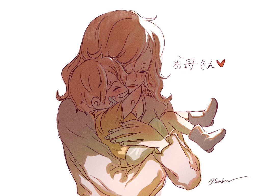 1boy 1girl ^_^ aged_down bandaid blonde_hair boots closed_eyes commentary curly_eyebrows hug long_hair mother_and_son one_piece sanji_(one_piece) serein short_hair simple_background smile vinsmoke_sora white_background