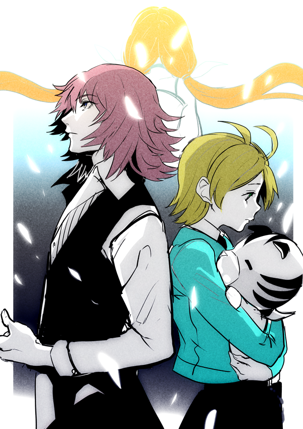 1boy 2girls antenna_hair back-to-back black_skirt black_vest blonde_hair blue_jacket brother_and_sister chirithy closed_mouth collared_shirt commentary_request creature elrena floating_hair from_behind from_side holding holding_creature jacket kingdom_hearts kingdom_hearts_x kiyomiya lauriam long_hair long_sleeves multiple_girls orange_hair pink_hair profile shirt short_hair siblings skirt strelitzia_(kingdom_hearts) twintails very_long_hair vest white_shirt