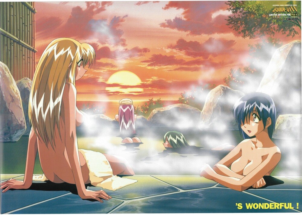 1990s_(style) 4girls bamboo_fence bare_back bare_shoulders blonde_hair breasts burn-up burn-up_excess burn-up_w cloud convenient_censoring eye_contact fence green_hair jinguu_maya kawazaki_maki kinezono_rio lilica_evett long_hair looking_at_another medium_breasts multiple_girls nude official_alternate_hairstyle official_art onsen orange_sky outdoors partially_submerged pink_hair retro_artstyle same-sex_bathing scan shared_bathing sideboob sitting sky steam steam_censor sun water yamashita_toshinari