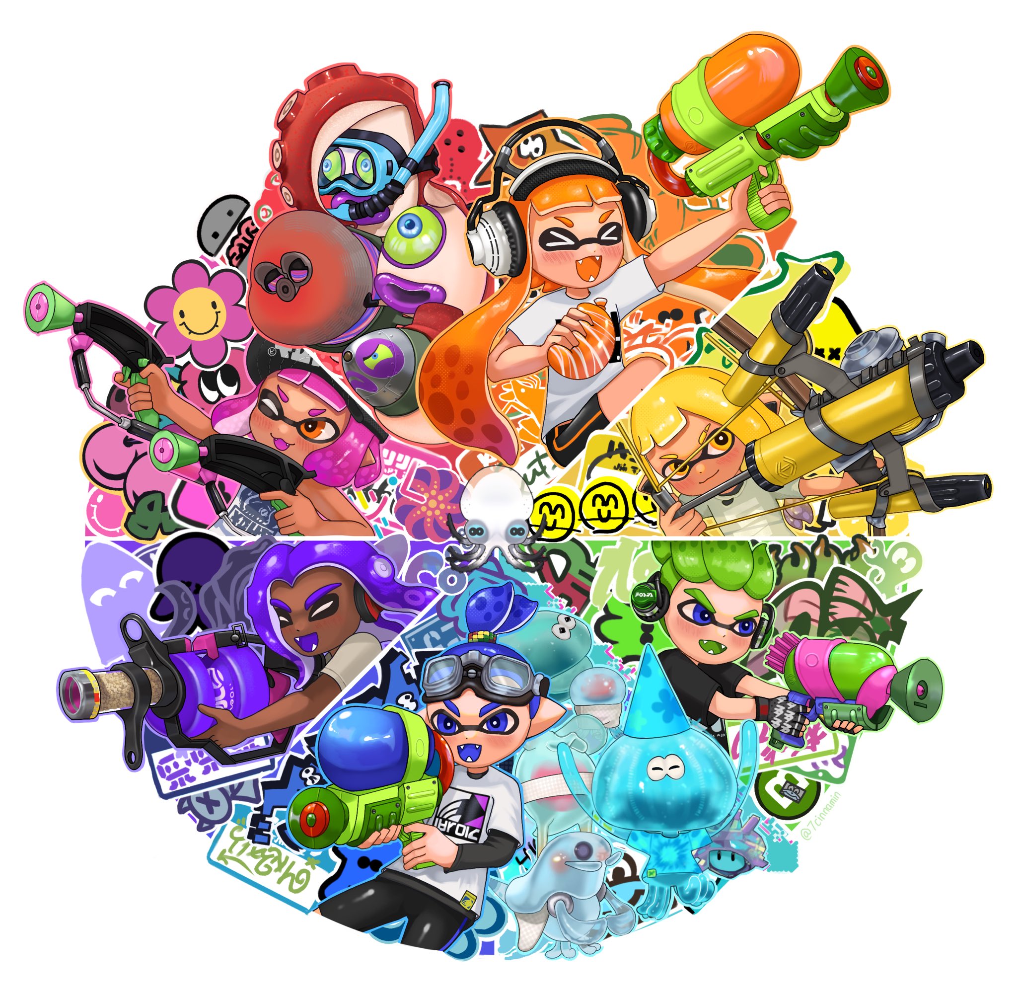 >_< .96_gal_(splatoon) 7cinnamin :d baseball_cap black_gloves blonde_hair blue_eyes blue_hair border bow_(weapon) burst_bomb_(splatoon) closed_eyes closed_mouth color_wheel_challenge commentary dark-skinned_male dark_skin english_commentary fangs gloves goggles goggles_on_head green_hair gun hat headphones highres holding holding_bow_(weapon) holding_gun holding_weapon inkling inkling_boy inkling_girl inkling_player_character jellyfish_(splatoon) multiple_drawing_challenge nintendo octoball octoling octoling_boy octoling_player_character octomissile octotrooper one-eyed one_eye_closed open_mouth orange_eyes pink_hair shirt smile snorkel splat_dualies_(splatoon) splatoon_(series) splatoon_1 splatoon_2 splatoon_2:_octo_expansion splatoon_3 splatoon_3:_side_order splattershot_(splatoon) super_sea_snail tentacle_hair topknot tri-stringer_(splatoon) weapon white_border white_shirt xd yellow_eyes