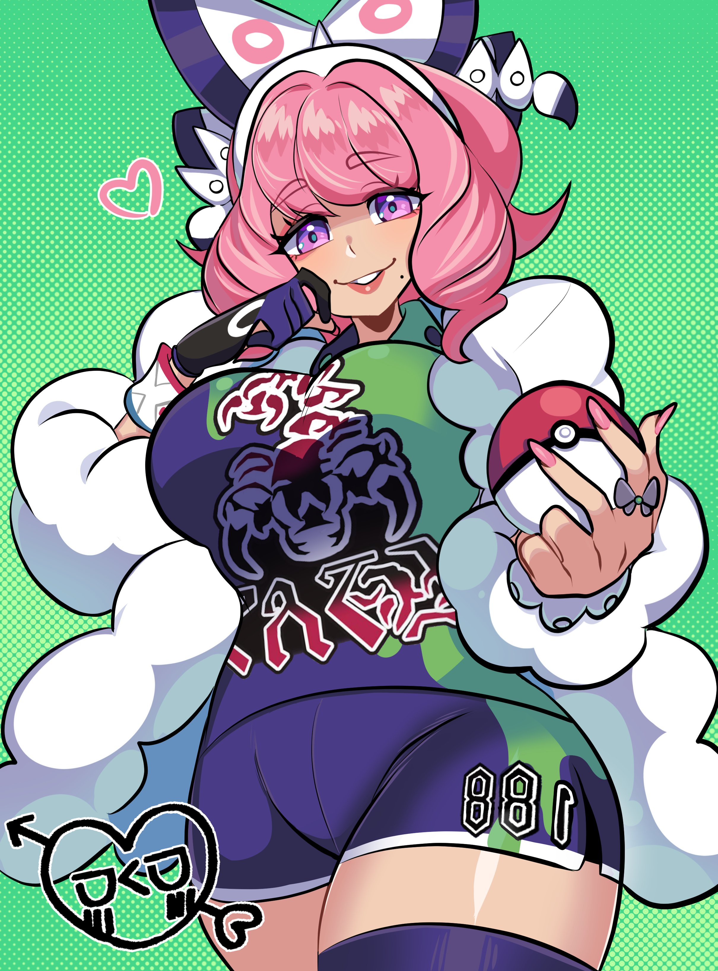 1girl absurdres asymmetrical_legwear bow bracelet breasts collared_shirt drill_hair dynamax_band eyeshadow flipped_hair fur_jacket game_freak gloves hair_bow hairband hand_up highres holding holding_poke_ball jacket jewelry klara_(pokemon) large_breasts makeup mismatched_legwear missandydandy mole mole_under_mouth nintendo pink_eyeshadow pink_hair pink_lips poke_ball poke_ball_(basic) pokemon pokemon_swsh print_shirt print_shorts purple_eyes ring shirt short_hair shorts side_slit side_slit_shorts single_glove smile solo thighhighs twin_drills white_bow white_hairband