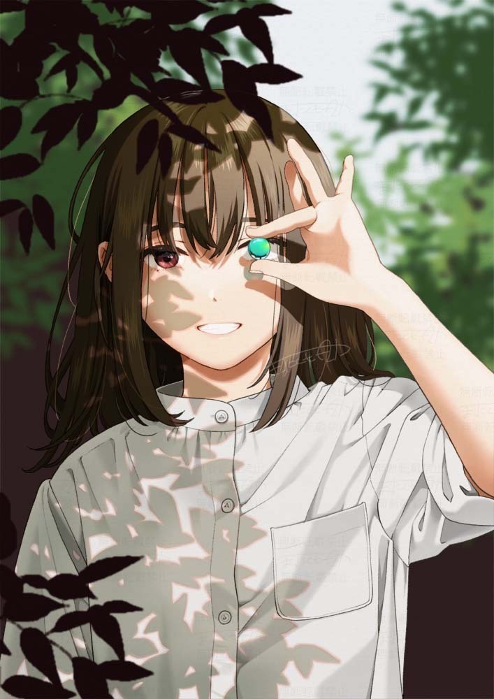 1girl breast_pocket brown_eyes brown_hair buttons collared_shirt commentary_request grin hair_between_eyes holding leaf looking_at_viewer mattaku_mousuke medium_hair original pocket shirt sleeves_rolled_up smile solo upper_body white_shirt
