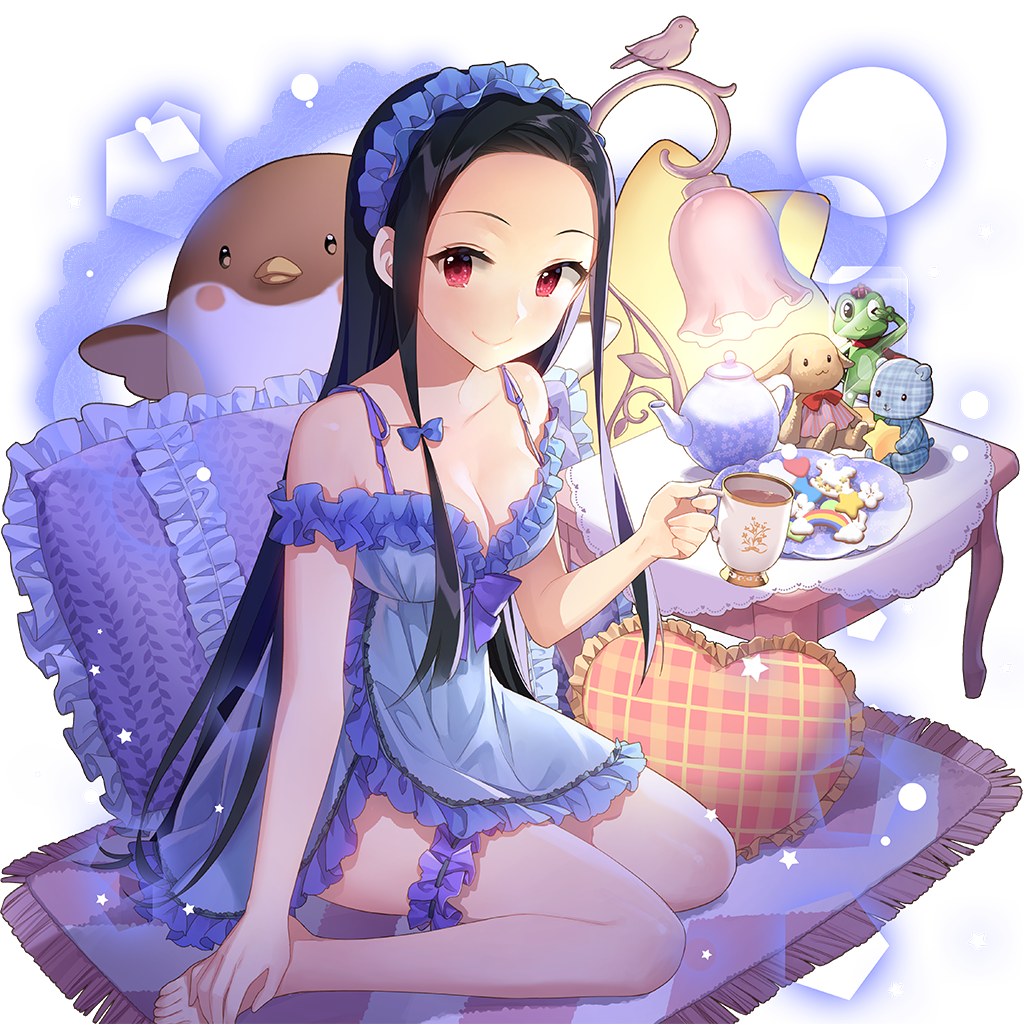 1girl ahoge alternate_costume babydoll bangs_pinned_back bare_arms bare_legs bare_shoulders barefoot bed black_hair blue_dress blue_ribbon blush bow breasts clarice_lapis cleavage closed_mouth coffee collarbone cup cushion doily dress food forehead frilled_dress frilled_pillow frills full_body hairband heart heart-shaped_pillow holding holding_cup lingerie long_hair looking_at_viewer macaron maid maid_headdress medium_breasts mole mole_under_eye mug nightgown parted_bangs pillow purple_dress red_eyes ribbon salt_(salty) saucer short_dress sidelocks sitting sleeveless sleeveless_dress small_breasts smile solo sparkle spoon star_(symbol) stuffed_animal stuffed_toy teacup teapot teddy_bear transparent_background uchi_no_hime-sama_ga_ichiban_kawaii underwear very_long_hair wariza yokozuwari