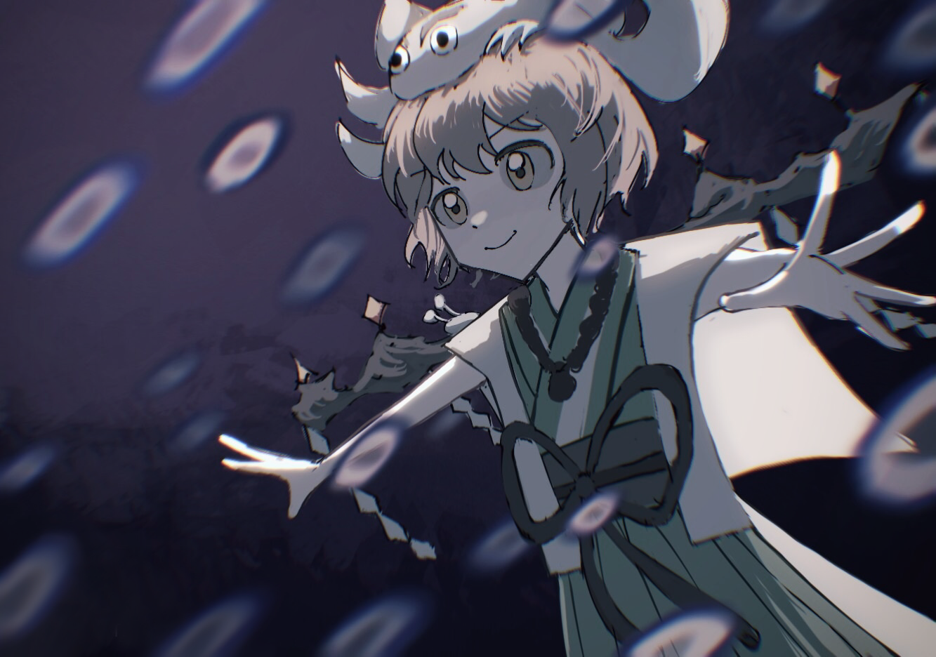 1other androgynous animal animal_on_head animal_on_shoulder azuma_kaisen azuma_kaisen_(frog) bare_arms brown_hair brown_ribbon closed_mouth cowboy_shot danmaku dot_nose fighting frog green_kimono jacket japanese_clothes kesa_kujiru kesa_kujiru_(slug) kimono len'en looking_ahead multiple_tails ogata_garaiya on_head other_focus outstretched_arms purple_background ribbon rope_necklace shide short_hair short_sleeves slug smile solo_focus tadpole_tail tail waist_ribbon white_jacket wings xingxunyou yellow_eyes