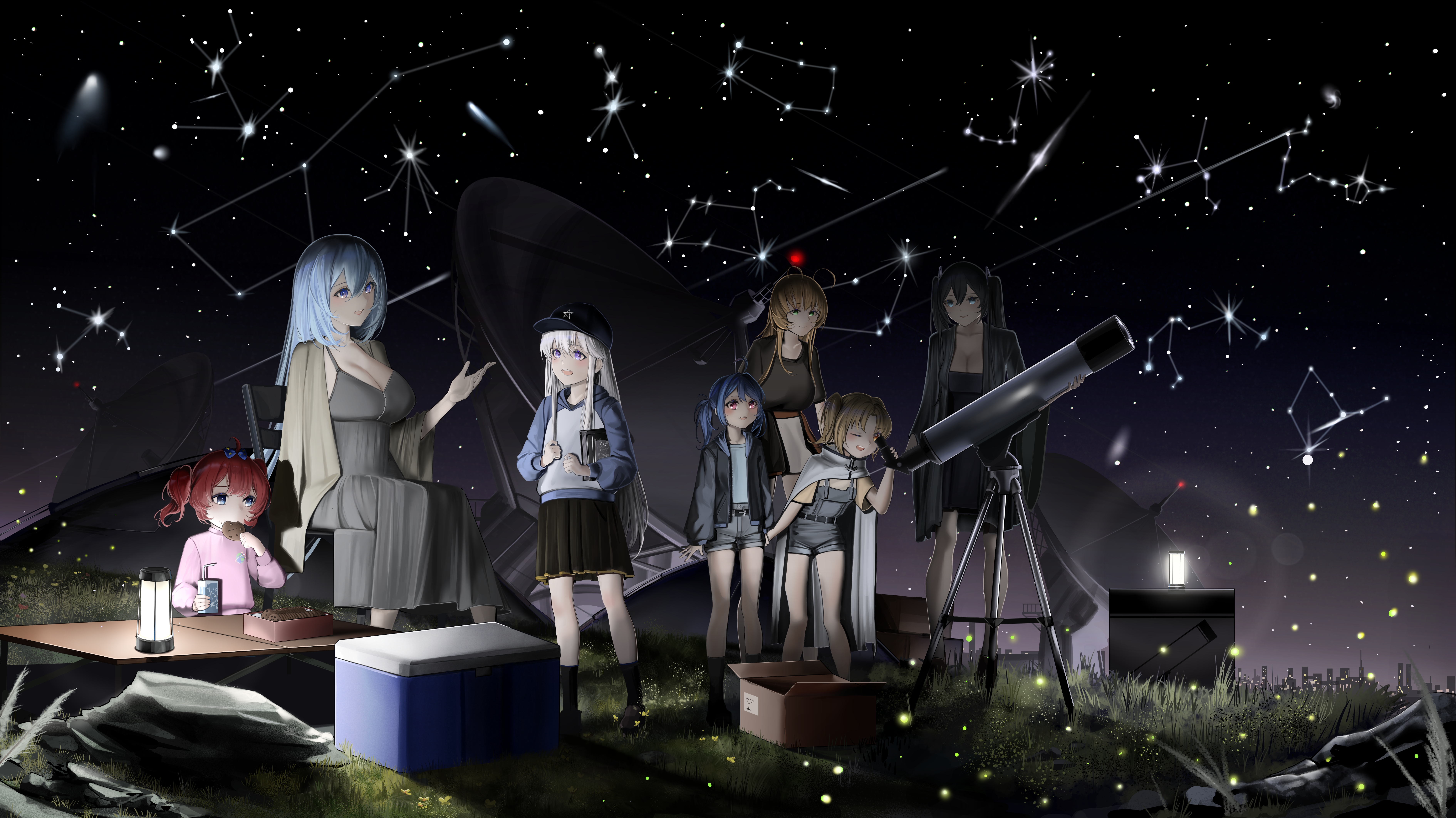 6+girls absurdres aged_down antenna_hair azur_lane big_dipper black_hat black_skirt blonde_hair blue_hair box cardboard_box clevelad_(azur_lane) constellation constellation_(azur_lane) constellation_request cookie draco_(constellation) eating enterprise_(azur_lane) fireflies food galaxy grass green_eyes grey_shorts hat highres holding holding_cookie holding_food holding_juice_box intrepid_(azur_lane) juice_box lena_(azur_lane) leo_(constellation) li'l_sandy_(azur_lane) little_enterprise_(azur_lane) long_bangs long_hair multiple_girls night night_sky outdoors peaked_cap red_hair satellite scarfpen01 shorts skirt sky star_(sky) stargazing starry_sky table telescope wasp_(azur_lane) white_hair