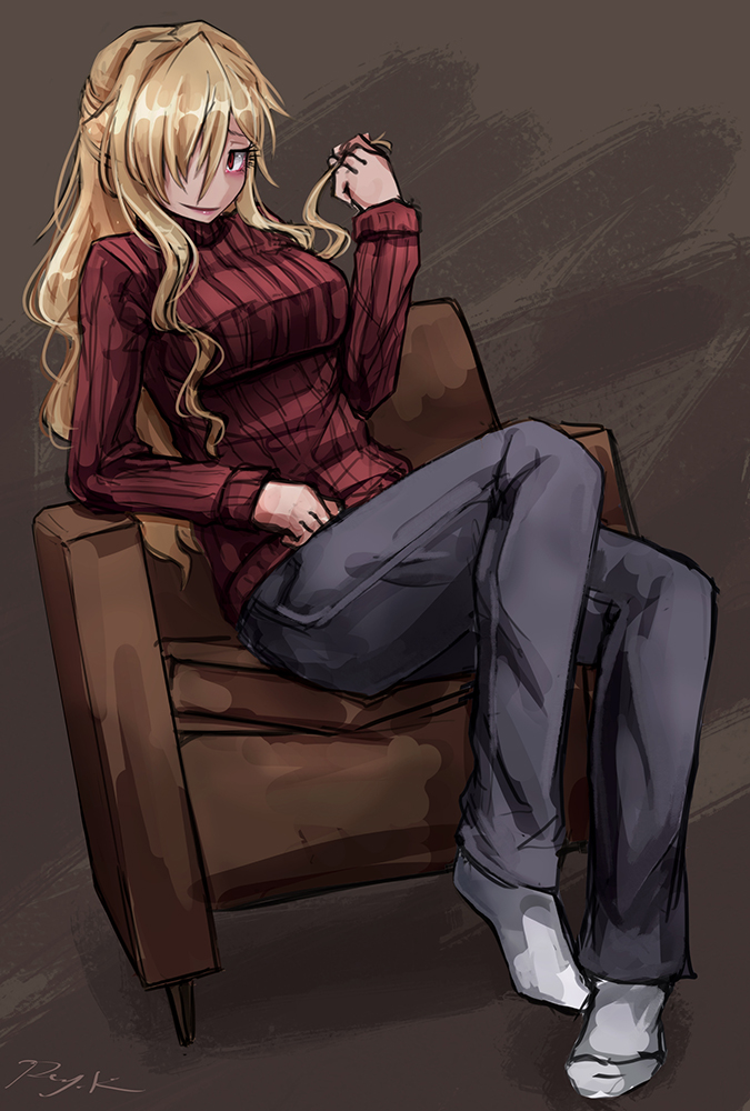 1girl alternate_costume armchair artist_name aurelia_(dorei_to_no_seikatsu) blonde_hair breasts chair dorei_to_no_seikatsu_~teaching_feeling~ female_focus full_body hair_over_one_eye half_updo large_breasts long_hair looking_at_viewer pants ray-k red_eyes red_sweater sitting smile solo sweater twirling_hair wavy_hair