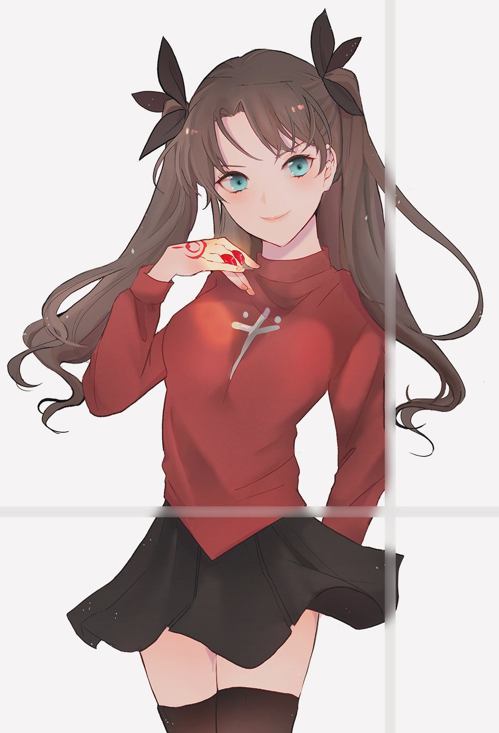 1girl arm_at_side arm_up bad_id bad_twitter_id black_ribbon black_skirt black_thighhighs blue_eyes brown_hair closed_mouth commentary_request cross cross_print fate/stay_night fate_(series) female_focus hair_ribbon head_tilt highres korean_commentary long_hair looking_at_viewer pleated_skirt red_sweater ribbon shino_(mufn5785) skirt smile solo sweater thighhighs tohsaka_rin twintails two_side_up zettai_ryouiki