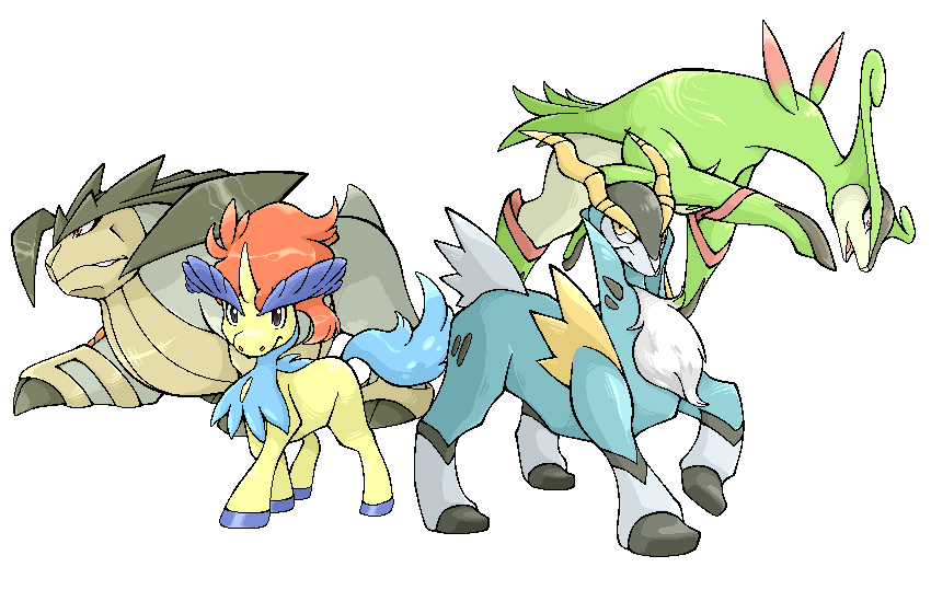 artist_request closed_eyes cobalion full_body gen_5_pokemon horns jumping keldeo keldeo_(ordinary) legendary_pokemon looking_at_another looking_at_viewer mythical_pokemon nintendo no_humans pokemon pokemon_(creature) smile standing terrakion virizion white_fur yellow_eyes