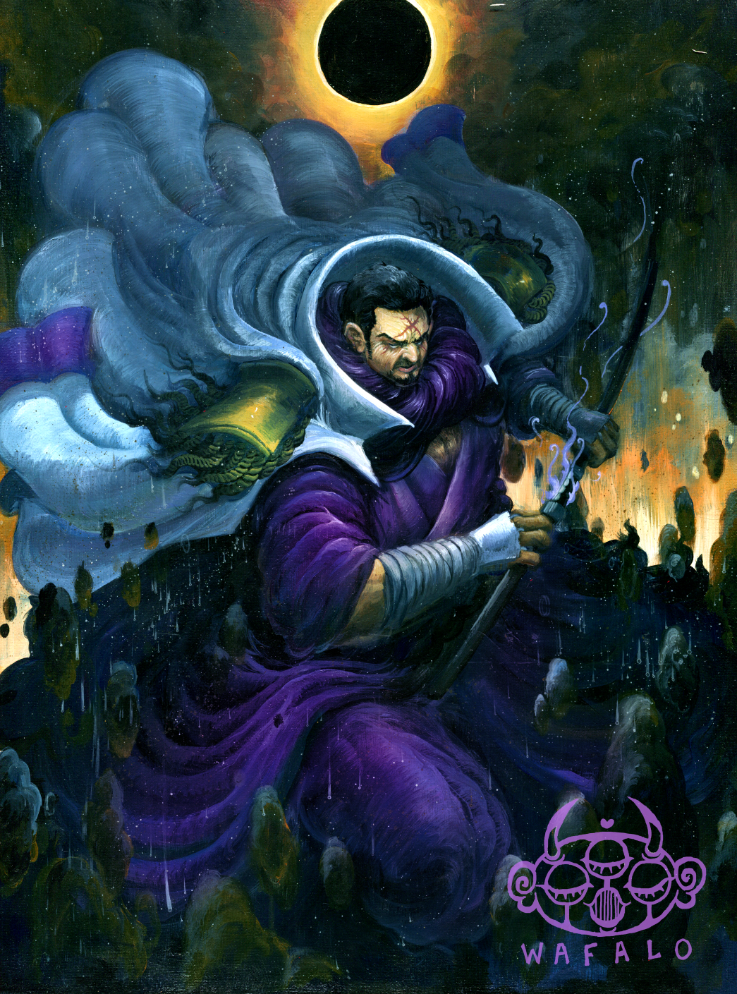 1boy acrylic_paint_(medium) artist_logo bandaged_arm bandages beard black_hair blind coat coat_on_shoulders cross_scar devil_fruit_power eclipse epaulettes facial_hair floating floating_rock fujitora_(one_piece) highres holding holding_sword holding_weapon japanese_clothes kimono logo male_focus mature_male one_piece painting_(medium) pectoral_cleavage pectorals purple_kimono purple_scarf scar scar_across_eye scar_on_face scarf sheath sheathing short_hair smoke solar_eclipse solo sword traditional_media unsheathing wafalo weapon